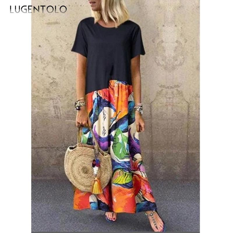 

Lugentolo Plus Size Dress Women Summer New Fashion Patchwork Print Round Neck Short Sleeve Loose Casual Ankle-Length Long Dress, Black