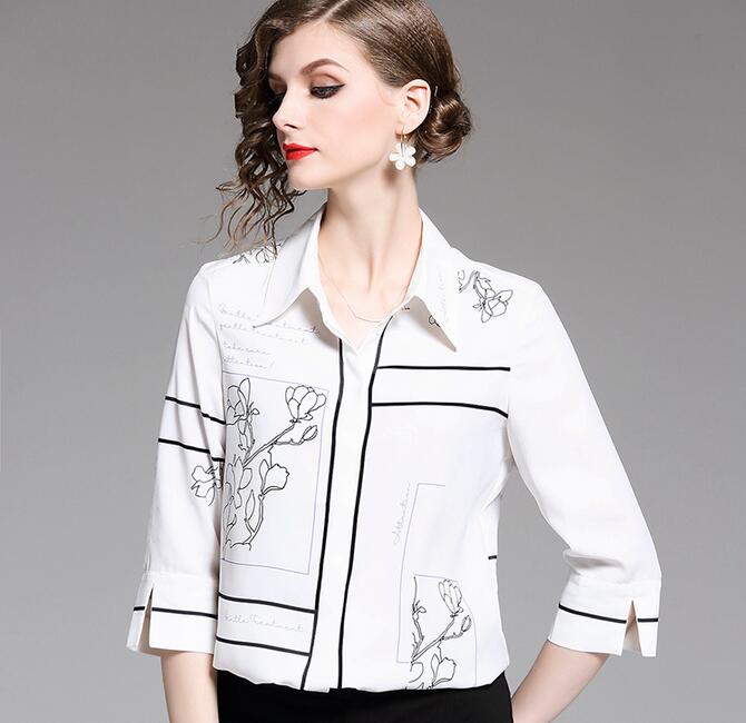 

Hand drawn flowers printed white women blouse 3/4 sleeve Sun protection shirts Lapel neck fashion ladies shirts