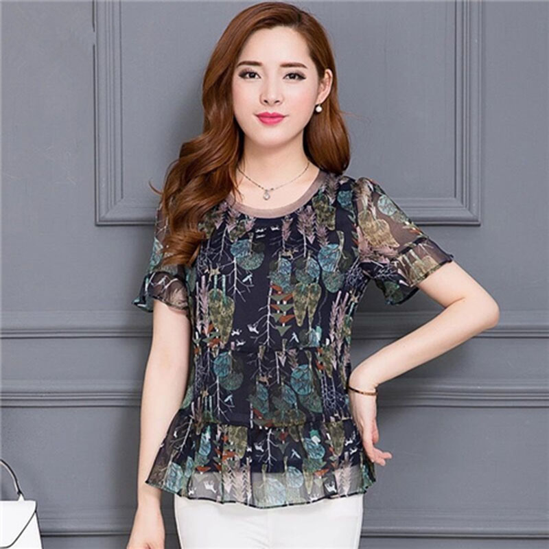 

Women Spring Summer Style Chiffon Blouses Shirts Lady Casual Short Flare Sleeve Flower Printed Blusas Tops DF2863, Black