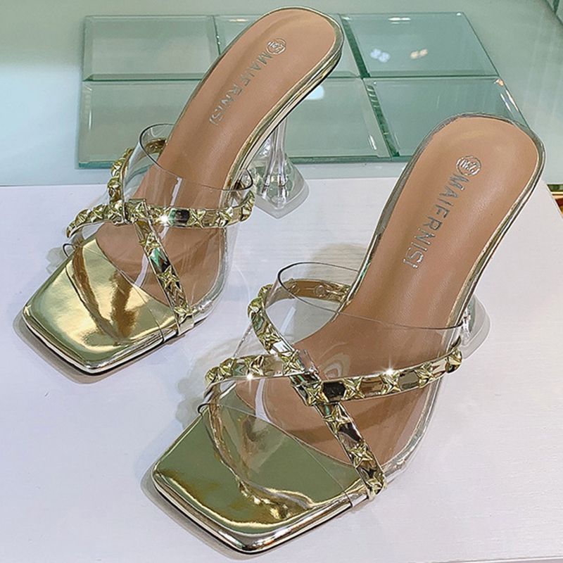 

Woman high heels slippers ladies shoes transparent crystal thick bottom waterproof toe open toe slippers for ladies, Black