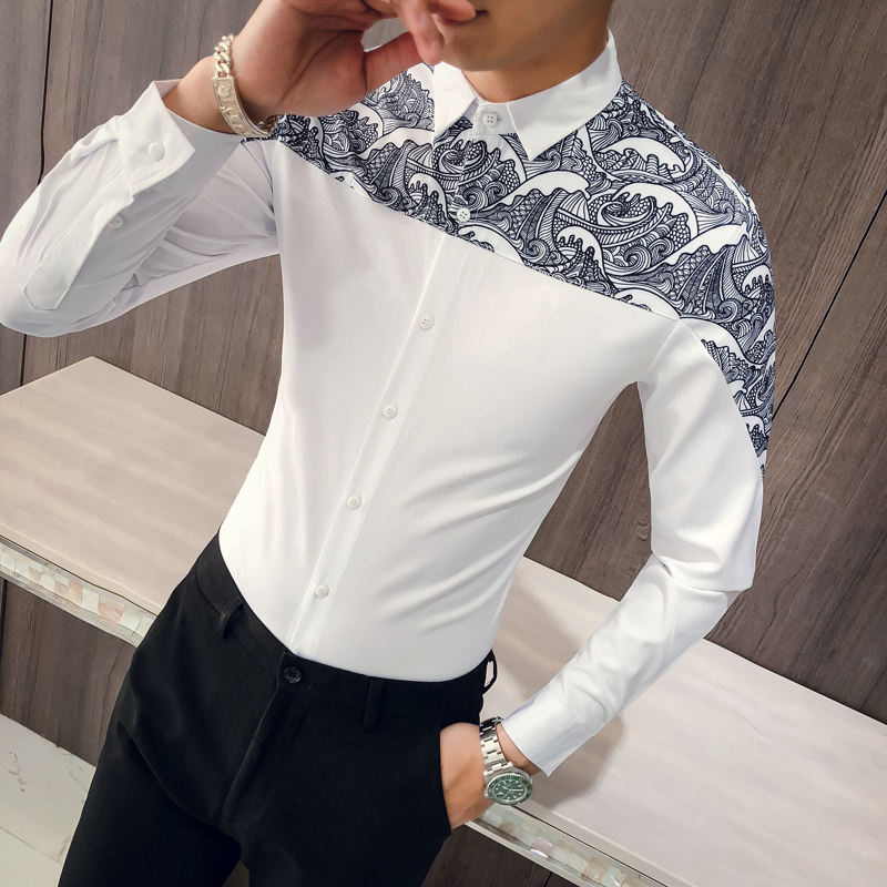 

Line Drawing Splice Fashion Printing Shirt Men Long Sleeve Social Men Club Prom Shirt Camisa Masculina Kemeja Pria Black