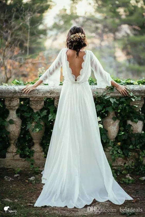

Sexy Ivory Lace 3/4 Long Sleeve Backless Bohemian Wedding Dresses 2020 Summer Court Train Flow Chiffon Plus Size Beach Bridal Gowns, White