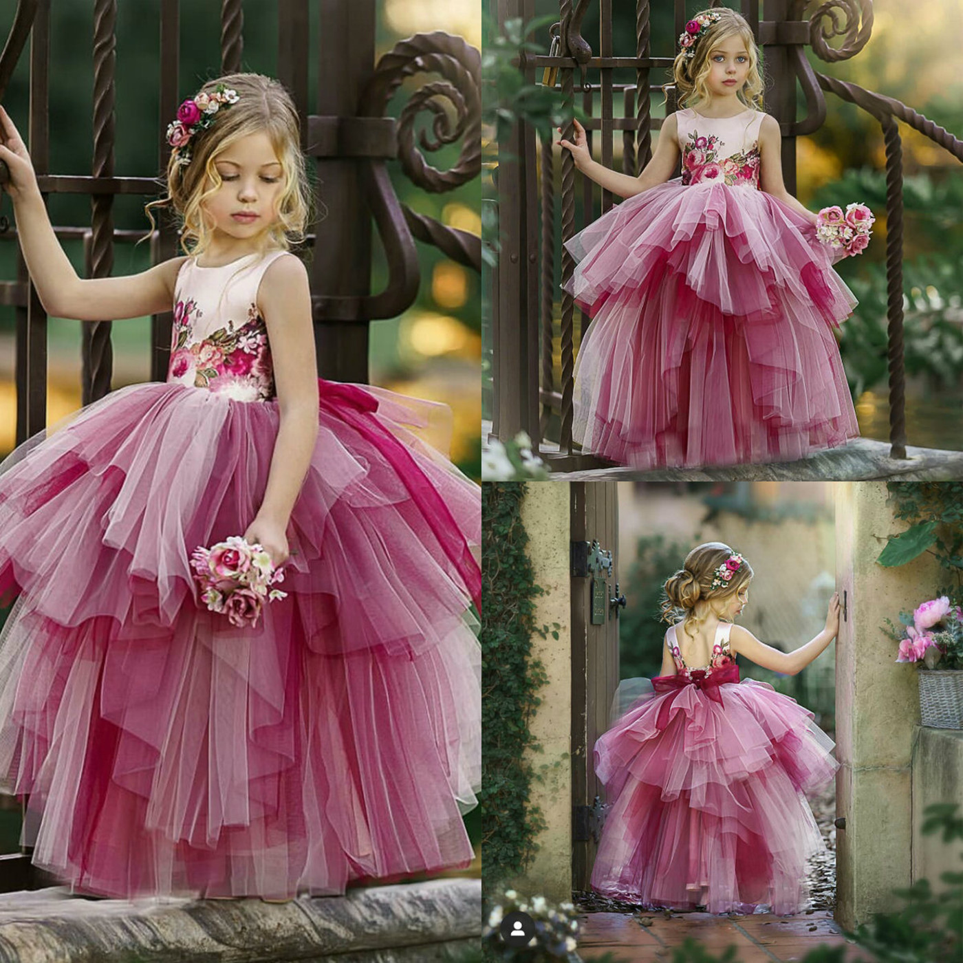 

Lovely Flower Girls Dresses Jewel Sleeveless Flowers Printing Kids Formal Wear Backless Long Birthday Toddler Girls Pageant Gowns, Hunter