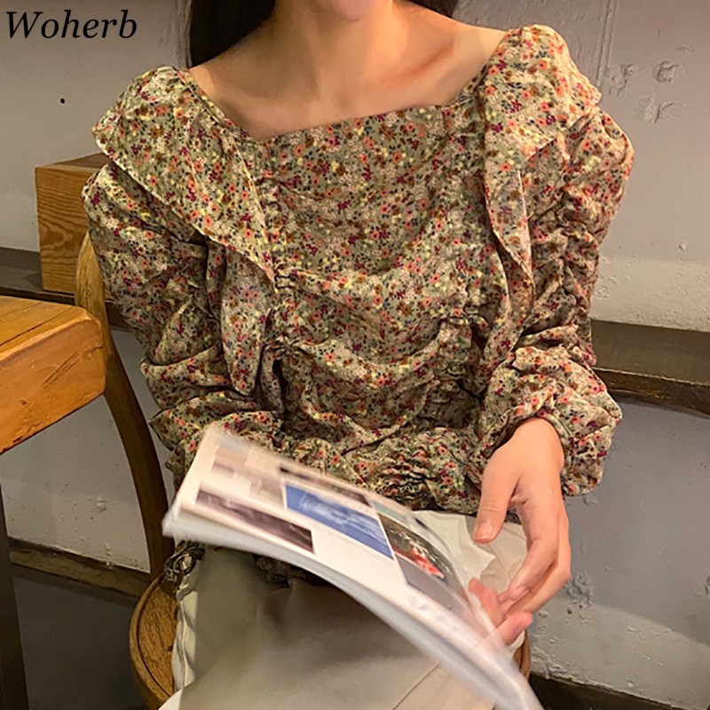 

Woherb Korean Modis Spring Summer Retro Women Tops Square Collar Floral Blouse Ruffles Pleated Blusas Long Sleeve Elegant Shirt, Picture color