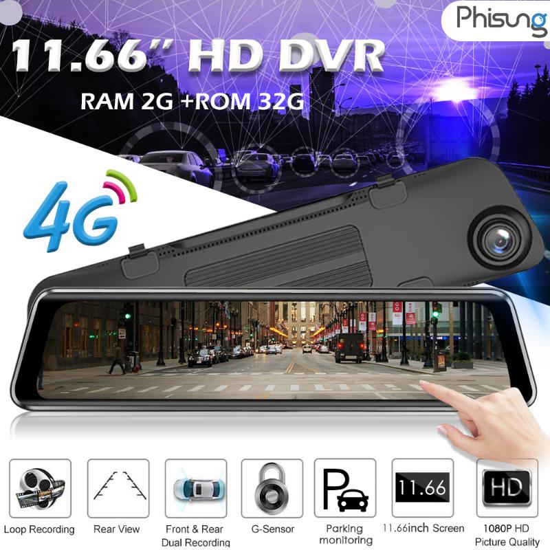 

Phisung Z66 4G Android 8.1 11.66 Inch 1080P HD Car DVR Camera Rearview Mirror WiFi GPS FM Bluetooch Dash Cam Car Accessories