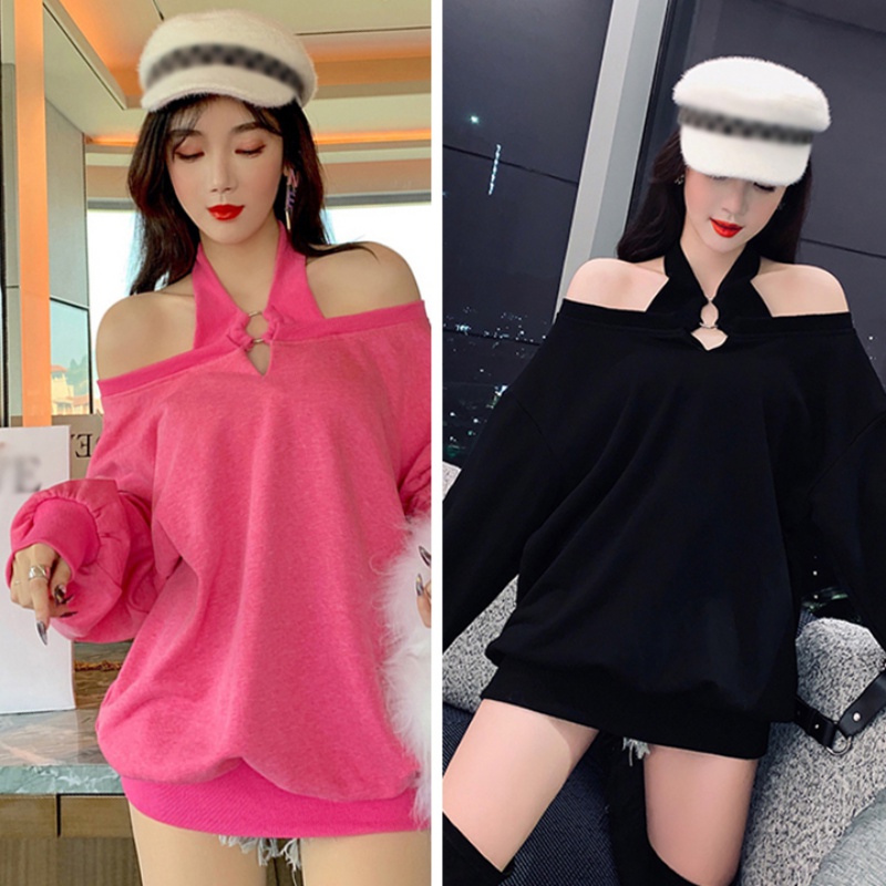 

2020 New Lazy And Loose Mid-length Halter Strapless Long-sleeved Shirt Rose Red, Blue