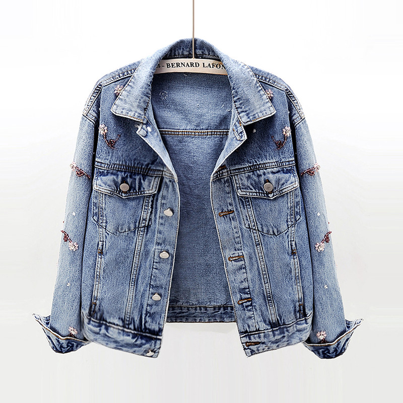 

Spring Autumn Women Beads Sequined Short Denim Jackets Long Sleeve Slim Thin Coats Blue Jeans Outwear Frayed Jackets Streetwear