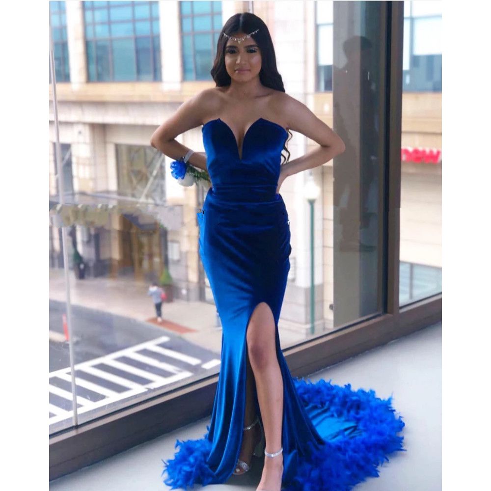 

Royal Blue Mermaid Prom Dresses 2020 New Sweetheart High Slit Velvet Feathers Long Prom Dress for Black Girl Customized, Customize