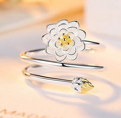 

Silver Color Lotus Opening Ring Bracelet for Women Creative Flower Spiral Ring Bangle Jewelry Fashion Party Bride Jewelry Set