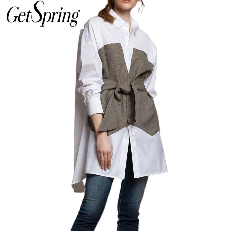 

GetSpring Women Shirt Blouse Cotton Loose Long Blouse Shirts White Bow Fake Two Pieces Office Women Shirt Tops Plus Size