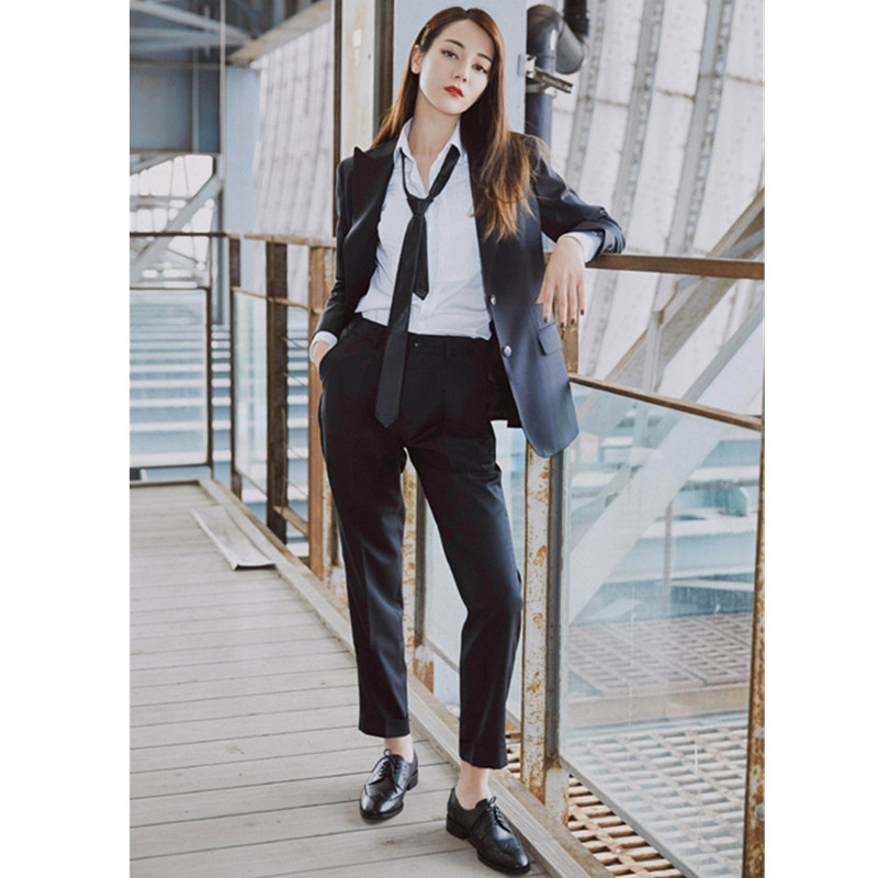 

Women's suit sets high quality female suit 2 piece set blazer with pants black office lady business casual professional wear