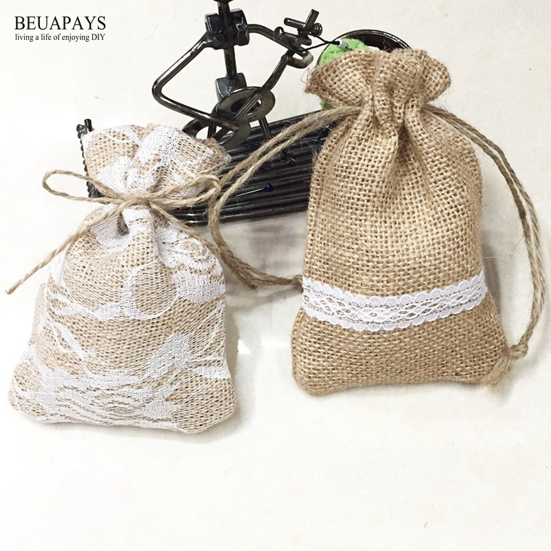 

20pcs lace fabric Jute drawstring pocket gift head ornament small cloth sack linen storage bag DIY wedding Christmas decoration