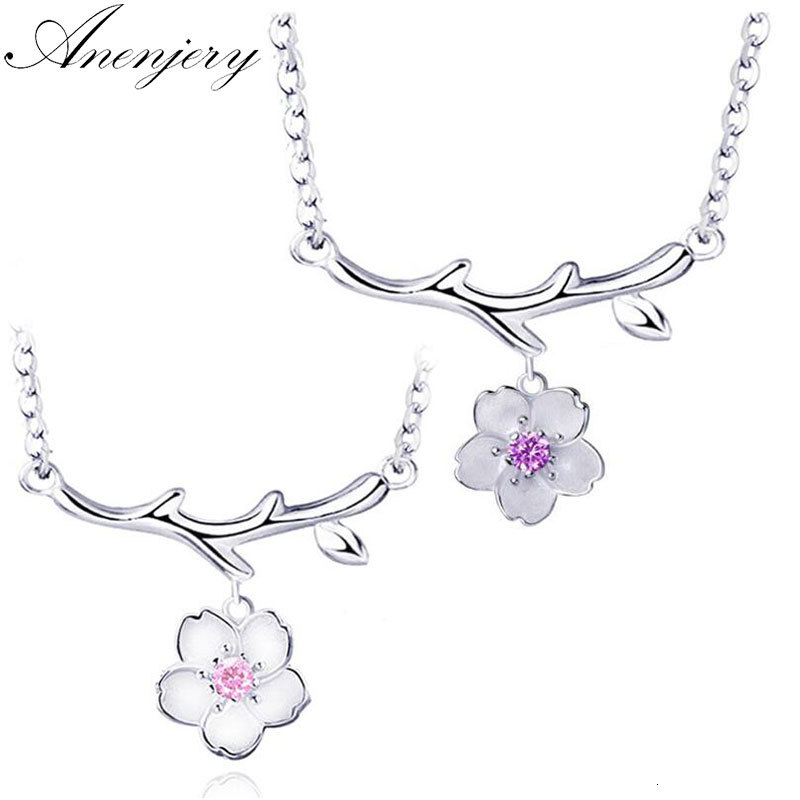 

New Fashion 925 Sterling Silver Purple Pink Zircon Blossom Cherry Flower Pendant Necklace For Women Chocker