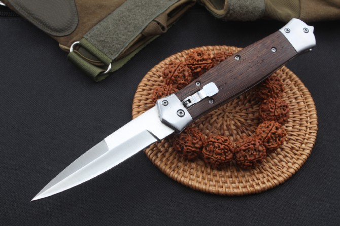 

New Horizontal Automatic Tactical Folding Knife 8Cr13 Satin Blade Wood Handle Outdoor EDC Pocket Knives With Nylon Sheath free shipping