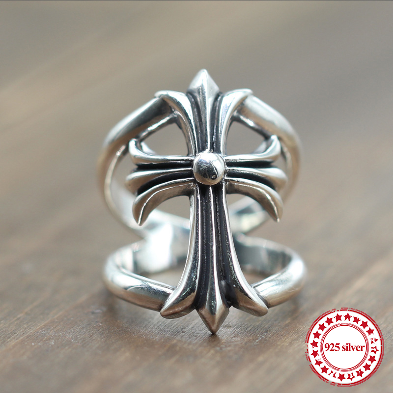 

S925 sterling silver men's ring personalized punk style fashion nightclub couple jewelry hollow cross shape send a gift of lover 2019
