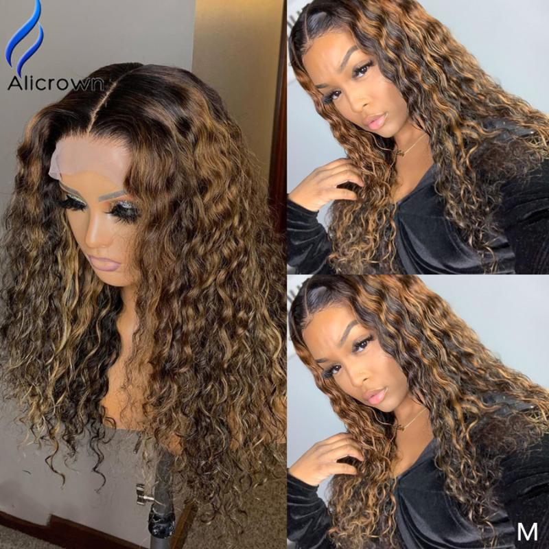 

ALICROWN Ombre Highlight Curly Lace Front Human Hair Wigs13*6 150% Density Pre-PluckedWith Baby Hair Non-Remy Bleached Knots, 13x4 lace front wig