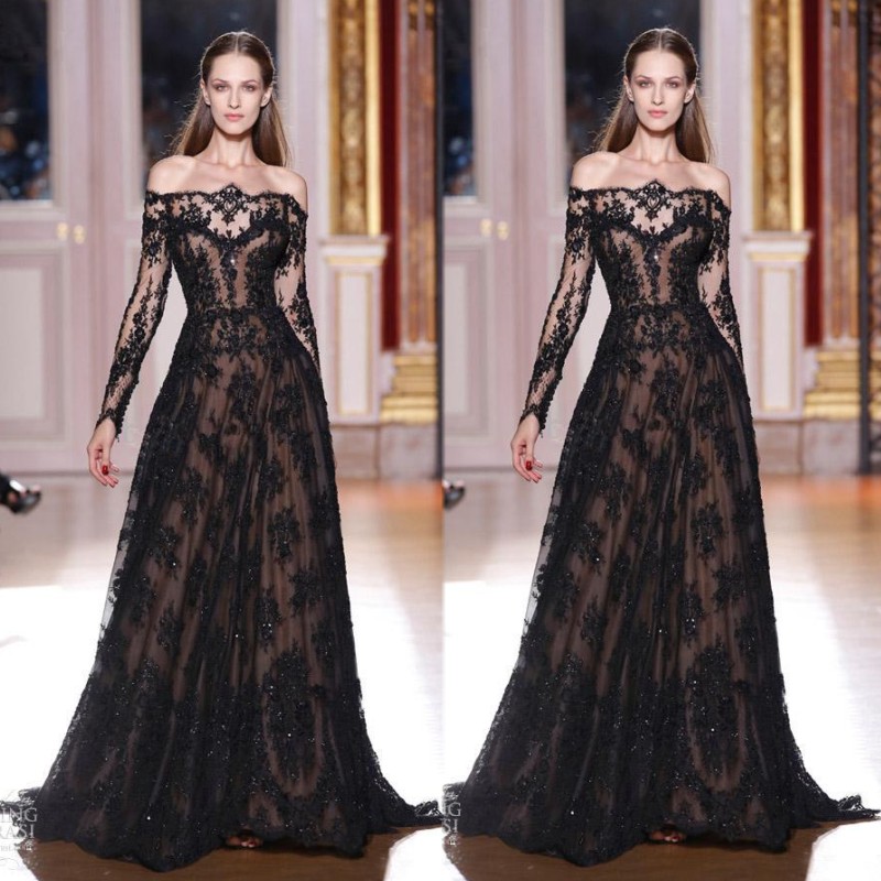 

2020 Off Shoulder zuhair murad Long Sleeves Pageant Dresses Lace Black Formal Evening Dresses Celebrity Dresses Crystals, Ivory