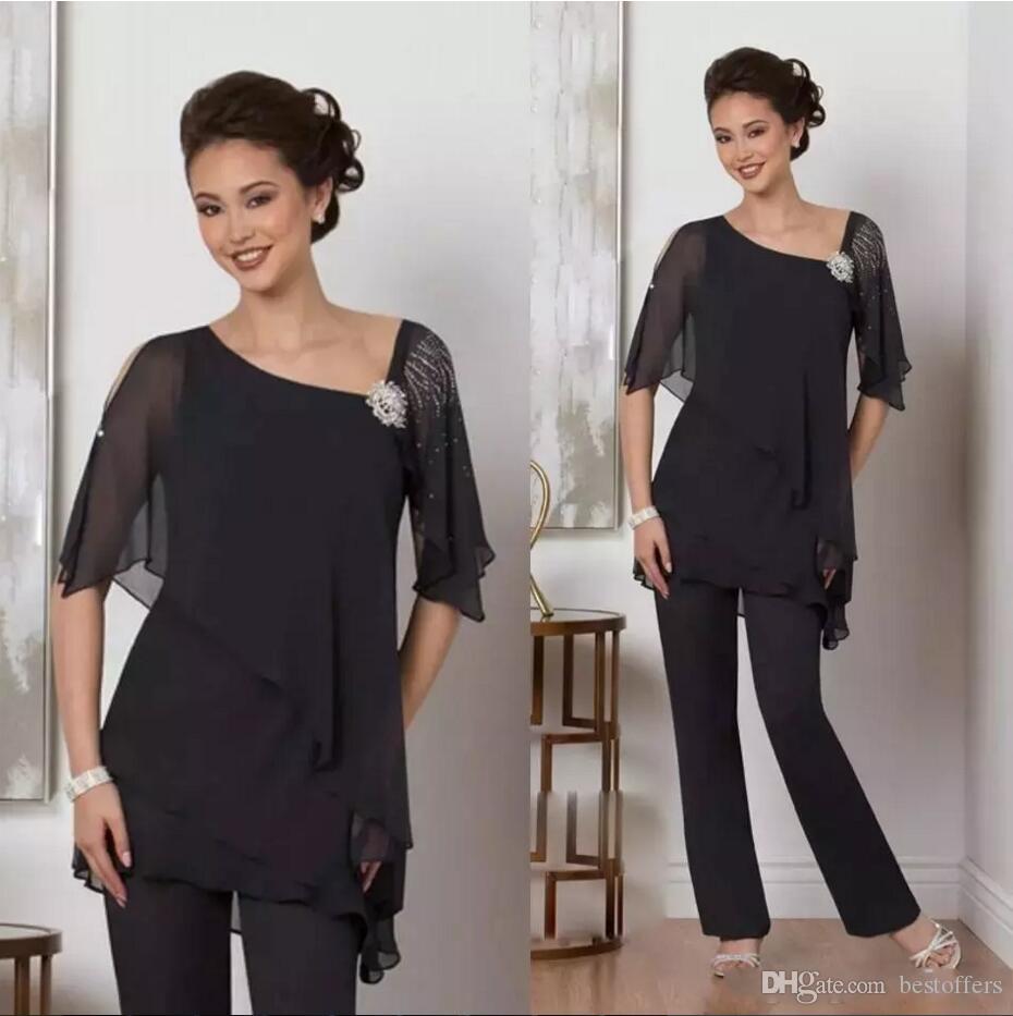 

Elegant Black Two Pieces Mother Of The Bride Pant Suits With Half Sleeves Beaded Wedding Guest Dresses Chiffon Plus Size Formal Dress