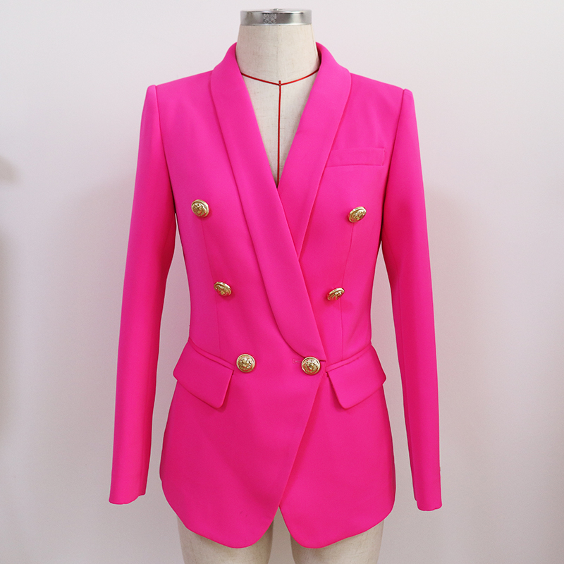 

HIGH QUALITY 2020 Classic Blazer Jacket Women' Slim Double Breasted Metal Lion Buttons Shawl Collar Blazer Hot Pink