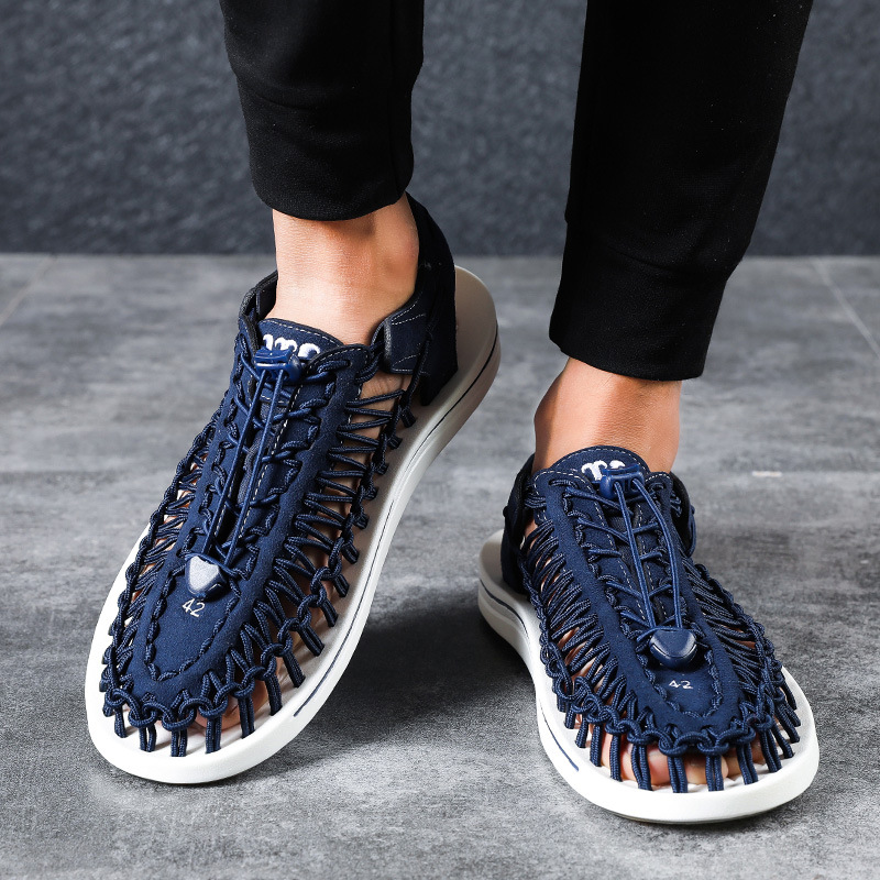 

New man sandals soft leather summer handmade knitted beach shoes breathable roman gladiator sandals large size 38-47, Black