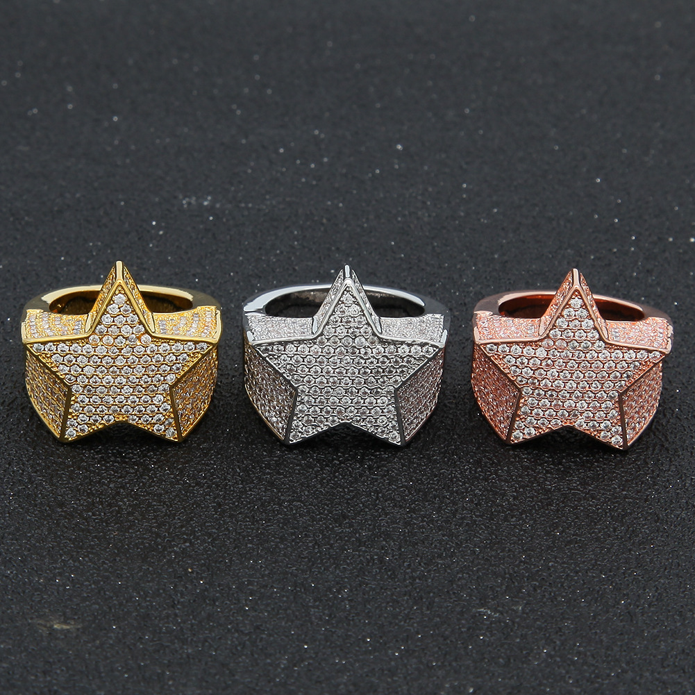 

Copper Gold Silver Rosegold Color Plated High Quality Cz Stone Star Shape Hip Hop Jewerly Rings Mens Iced Out Diamond Rings, Golden;silver