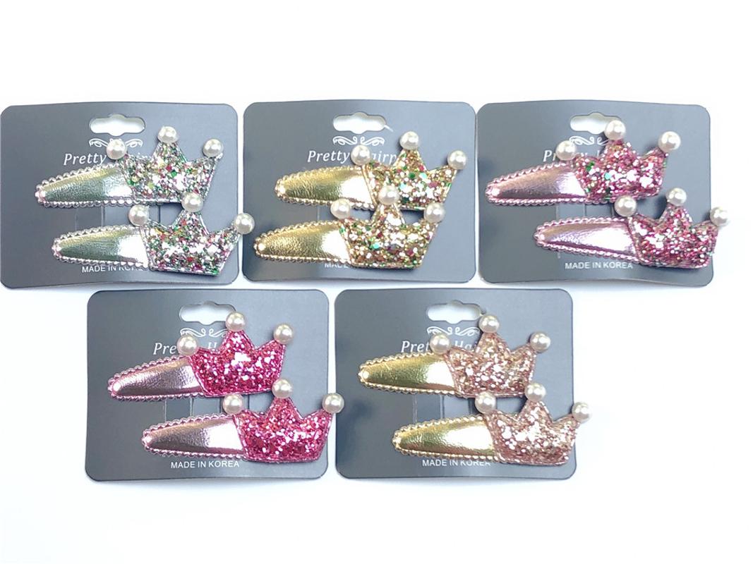 

1set Fashion Cute Glitter Tiaras Snap Clips Pearl Crown Barrettes Hairpins Princess Headwear Boutique Hair Accessories for Girls, Pink