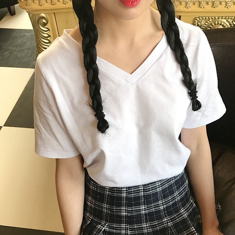 

Summer new women's bottoming shirt black half-sleeved T-shirt loose V-neck solid color T-shirt women's short sleeve top special, See chart