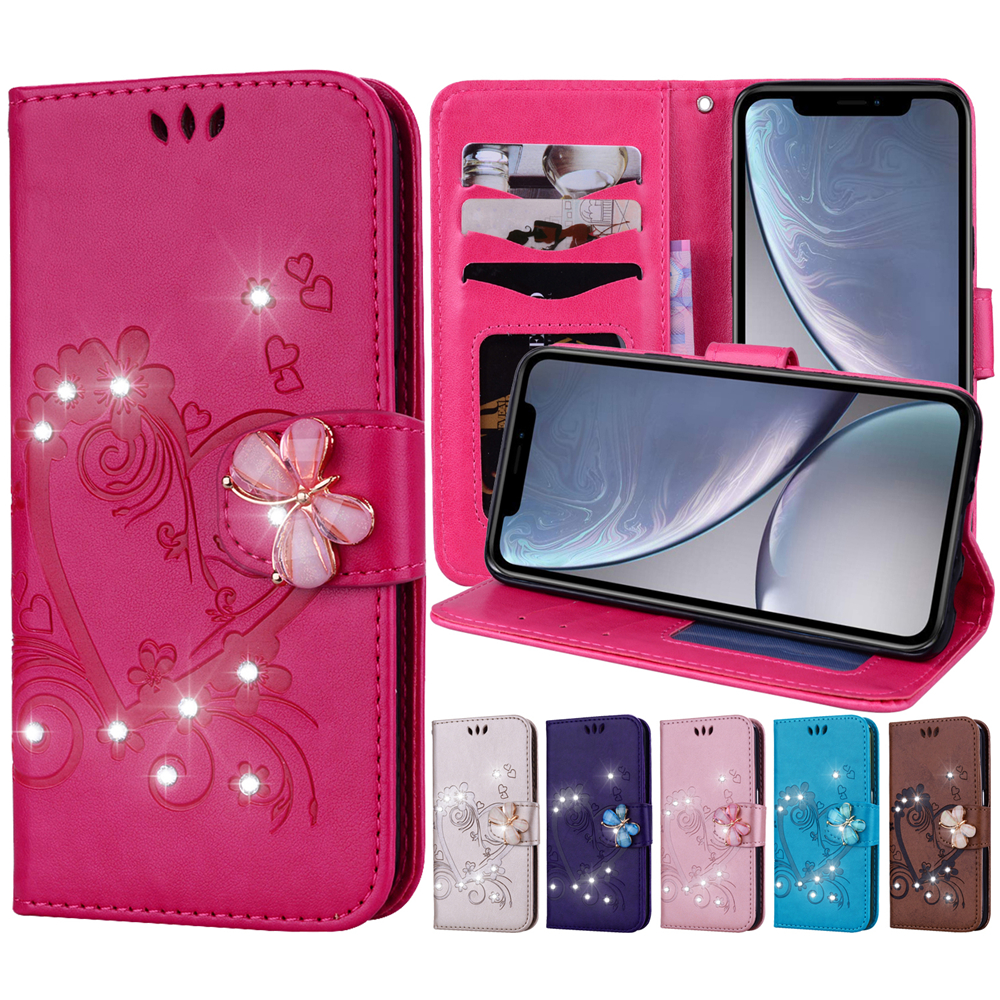 

Leather Wallet Phone Case for iPhone 11 Pro XR XS 7 Plus Max Samsung Galaxy S10 Butterfly Rhinestone Flip Stand Photo Frame Protective Case, Rose red