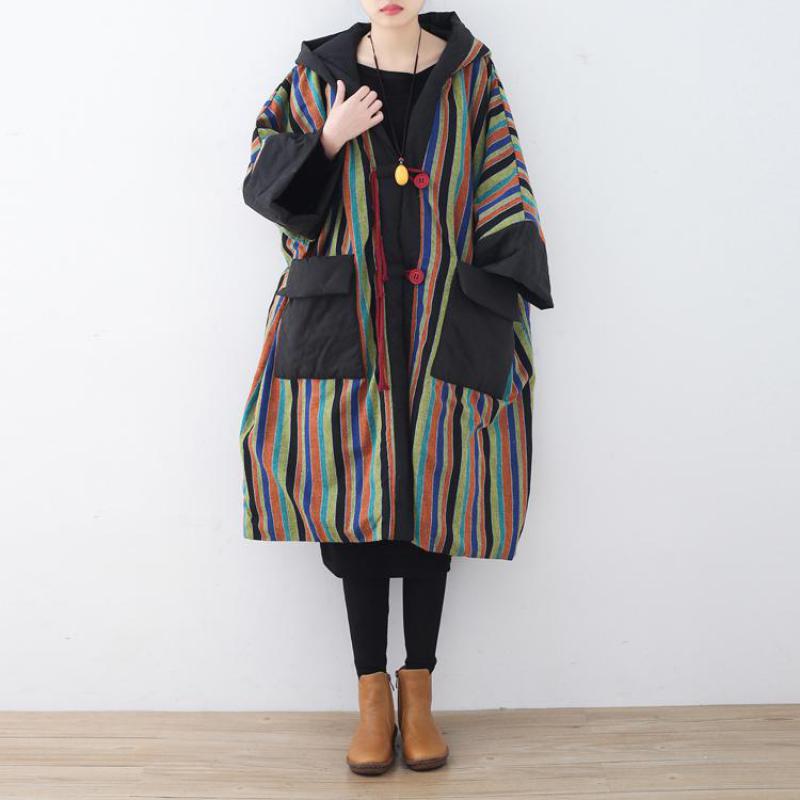 

Johnature Autumn Winter Loose Casual Pockets Stripe Batwing Sleeve Women Cotton Overcoat 2019 New Retro Hooded Female Thick Coat, Multi