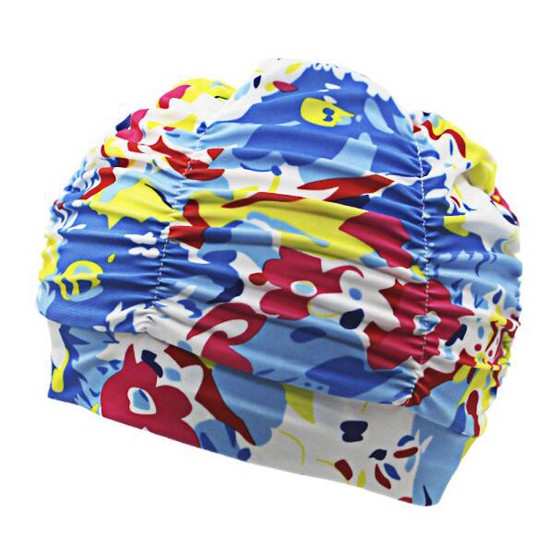 2020 Fabric Swimming Cap Protect Long Hair Ears Pleated Flowers Printed