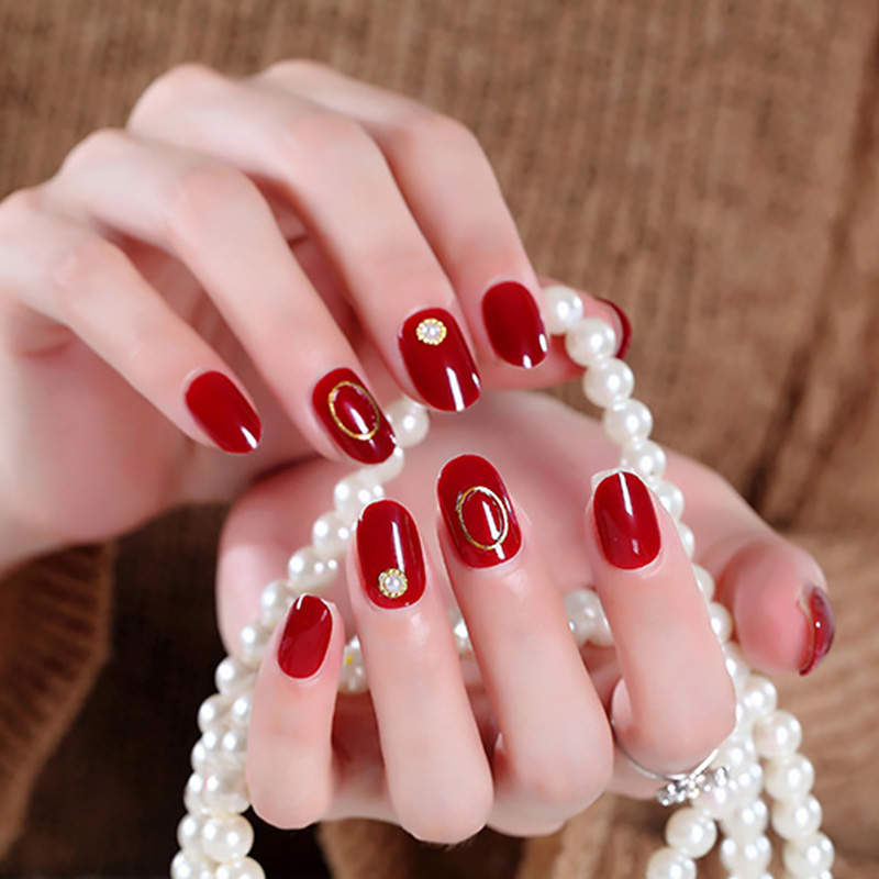

24pcs/box with 2g glue Round Head Fake Nails press on Sand Color Hollow Circle Gold Beads Full Cover short size Women Nail tips, Style 2