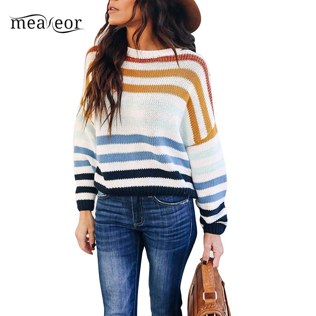

Women Fashion Round Neck Long Sleeve Stripes Multicolor Knitted Causal Sweater Autumn, Winter