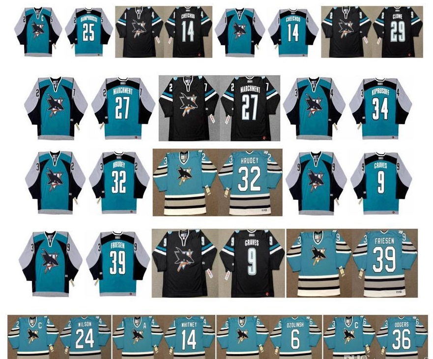 

Vintage San Jose Sharks Jersey 24 Doug Wilson 14 Vincent Damphousse 29 Ryane Clowe 14 RAY WHITNEY SANDIS OZOLINSH Jeff Odgers Retro Hockey, Colour 15
