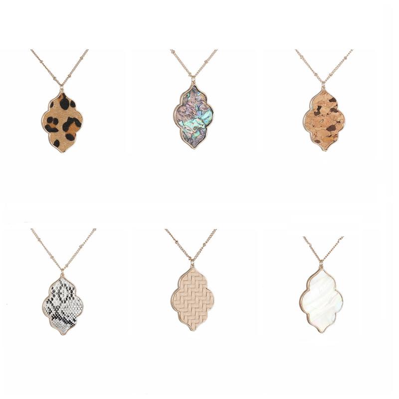

Abalone shell Leopard Curved Hexagon Pendant Necklace snakeskin leather wood grain Long Chain Necklaces brand jewelry