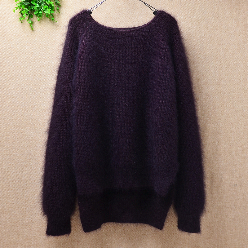 

Heavy thick femme women fashion plush angora fur long sleeves bottoming pullover winter knitted mink cashmere sweater, Gray