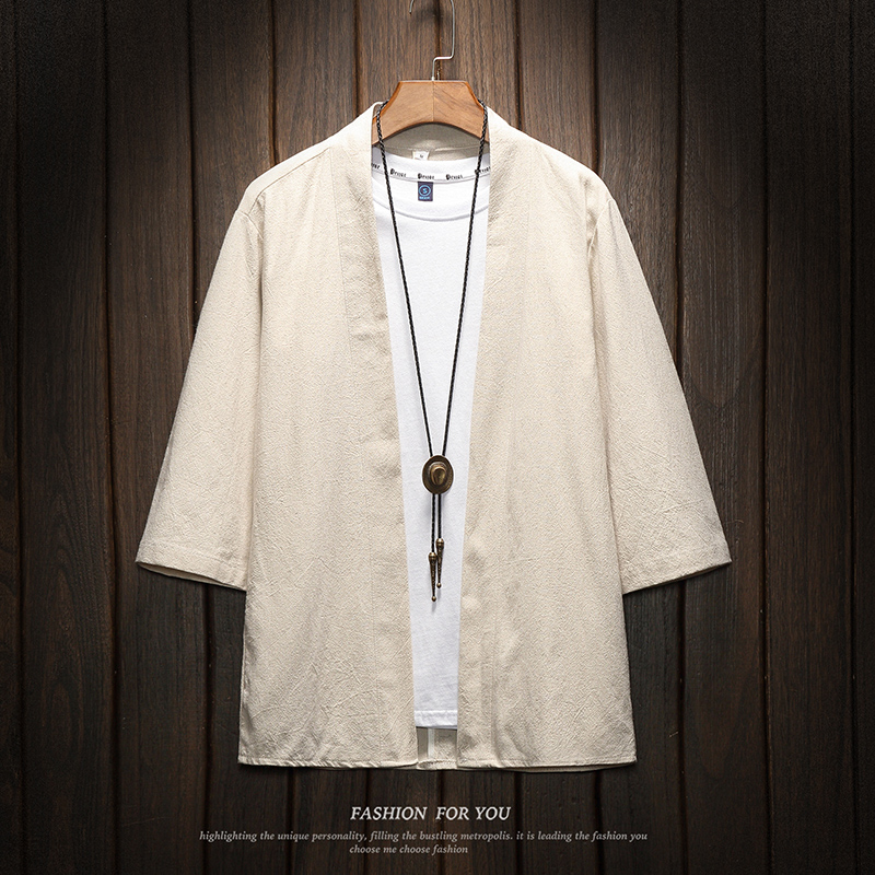 

5XL Japanese Streetwear Kimono Asian Men Harajuku Tops Traditional Chinese Soild Cardigan Thin Loose Blouses Plus XXXXXL, Apricot kimono shirt