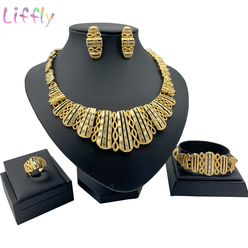 

Atmospheric African Jewelry Sets Gold Openwork Pattern Dotted Crystal Big Necklace Earrings Ring Bracelet Women's Trendy Jewelry, As pic
