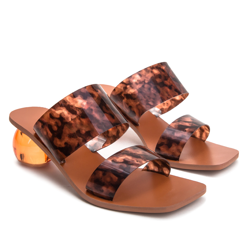 

Toe Clear Summer PVC Square Ladies Shoes Transparent Crystal Round Ball Heel Slippers Women Leopard Grain Jelly Sandals