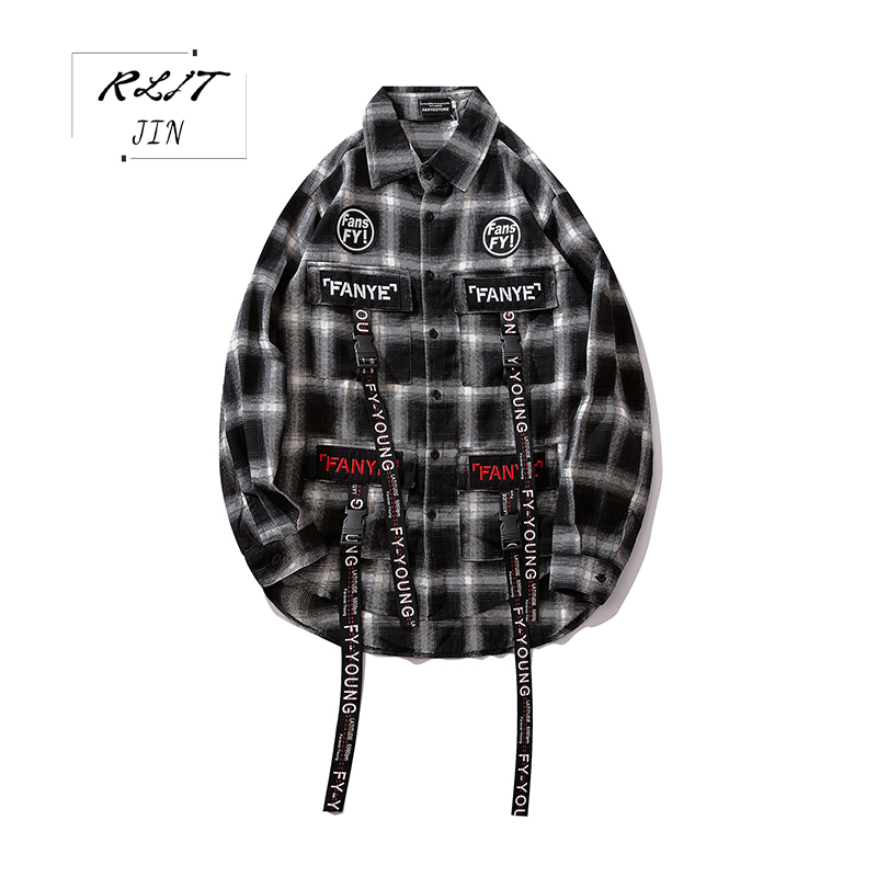 

RLJT.JIN 2019 New Autumn fashion simple casual plaid shirt Loose shirt with large pockets ribbons Comfortable cotton material, Blue