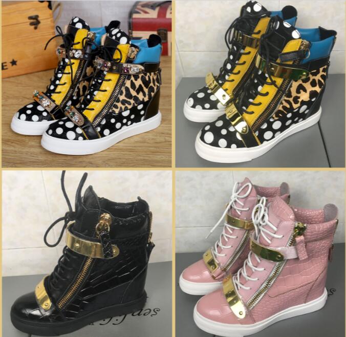 

Hot Brand Women Casual Wedges Platform High Top Sneakers Luxury Leisure Thick Bottom Bimetal Sheet Shoes Double iron Zipper Lace up Boots, Black