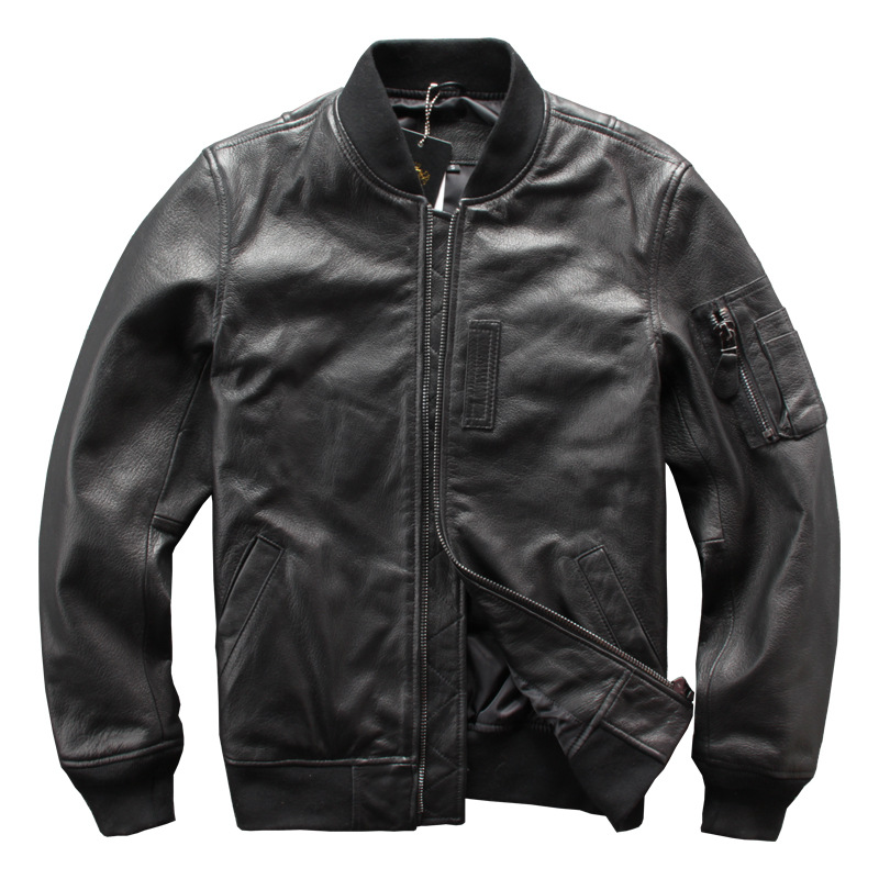 

Spring Autumn New Genuine Leather Male Pilot Flight Suit Jacket Washing Suede Baseball Uniform Coat, Black