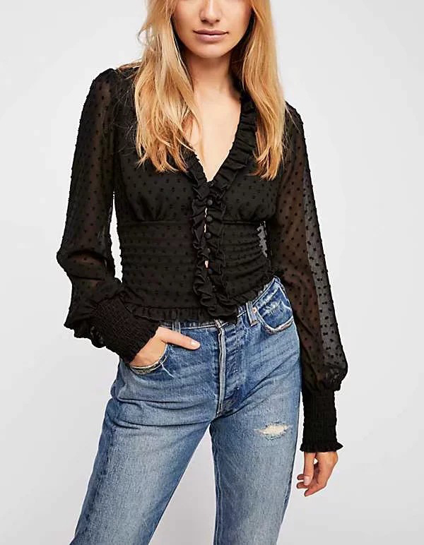 

Ruffles Black Blouse Women Shirts 2019 Polka Dots Sexy Tops Autumn Winter Casual Short Tops Blusas female Clothes
