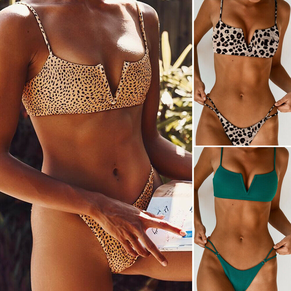 

Womens Sexy V-Neck Bandage Push-up Leopard Two-Pieces Bikini Set Swimsuits Beach, White;black