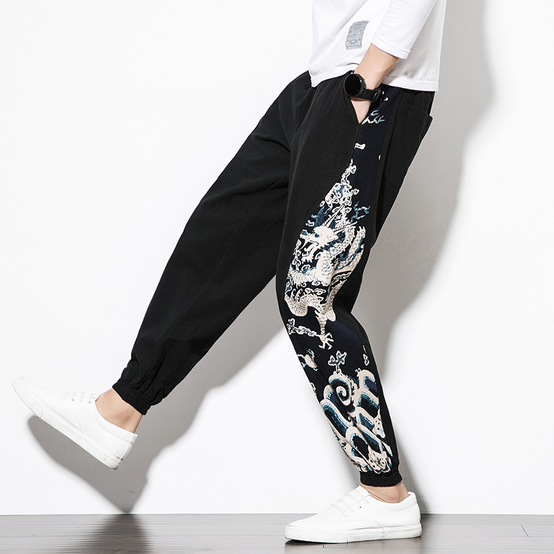 

Japanese Fashion Kimono Print Pants Asian Costume Casual Long Pants Kimono Yukata Men's Harem Trousers Side Print, Black