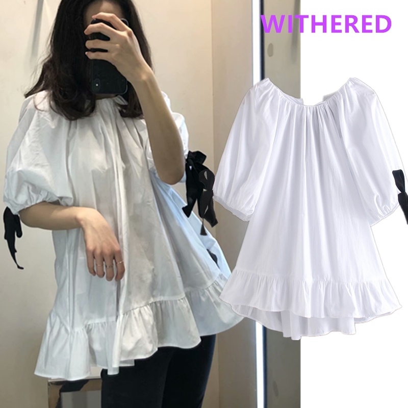 

Dave&Di INS high street vintage poplin bow blouse women blusas mujer de moda 2020 kimono shirt womens tops and blouse plus size, White