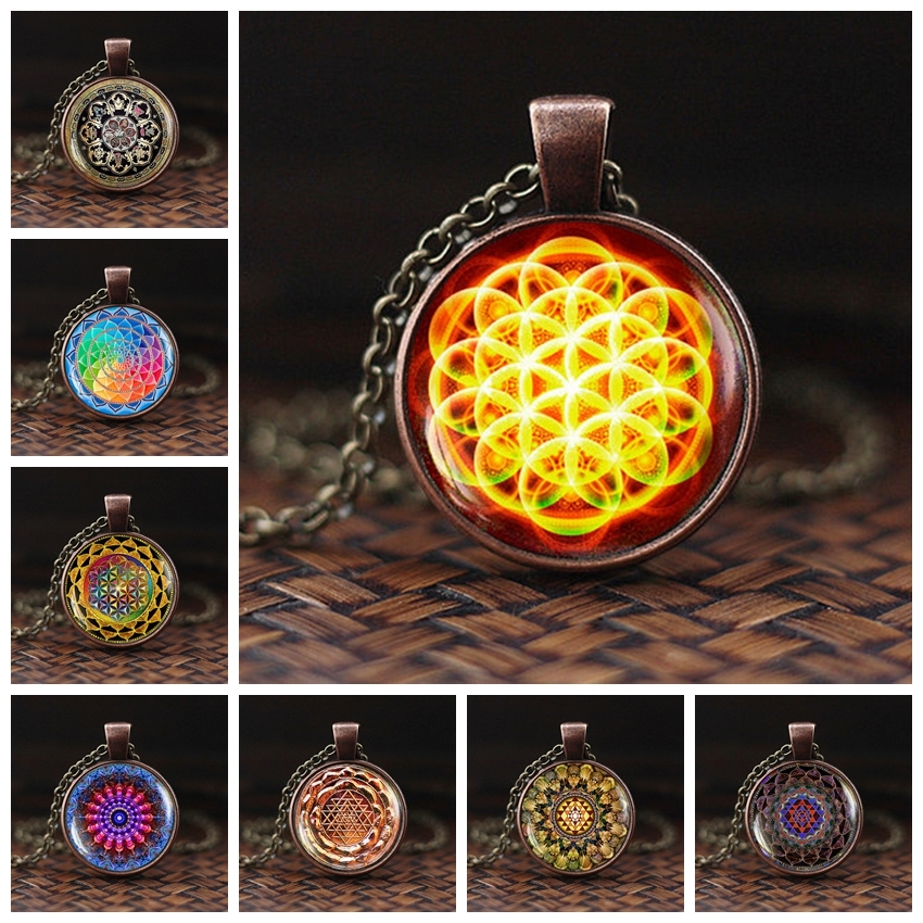 

Fashion Handmade Henna Yoga Necklace Om Symbol Buddhism Mandala Pendant Art Pattern Glass Necklaces Jewelry For Women
