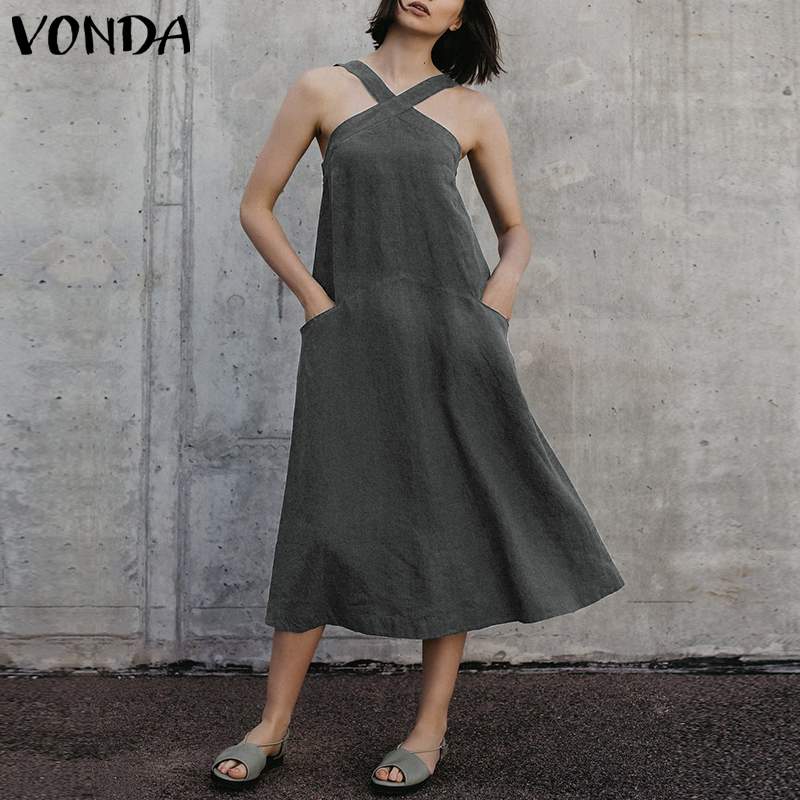 

VONDA Women Sexy Dress 2019 Summer Vintage Pockets Cross Sleeveless Spaghetti Strap Party Dresses Backless Vacation Vestido 5XL, Black