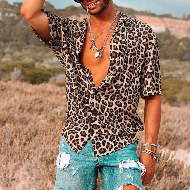 

Men shirt Summer Leopard Print Men Shirt Men' Baggy Beach Leopard Print Short Sleeve Button Retro Shirts camisas masculina, Brown