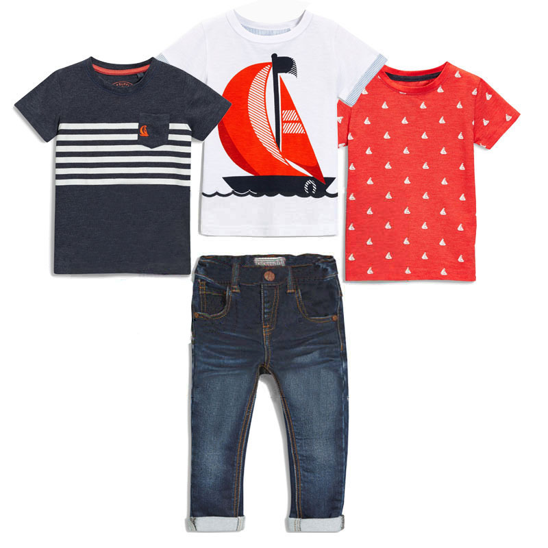 

Boy Short Sleeve Round Neck Cotton Three T-Shirts and Long Jean Pants Suit Four Pieces Children Summer Sets KG 020, As picture