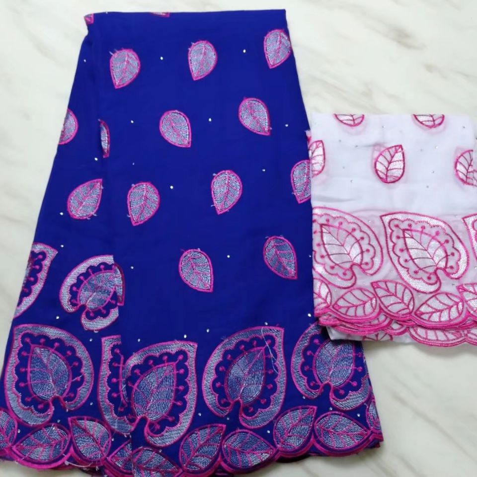5Yards Hot sale royal blue african cotton fabric with leaves pattern embroidery and 2yards blouse net lace set for dress BC61-7-image-460697422